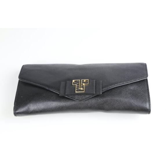 Tory Burch Black Deco Saffiano Leather Clutch Bag Evening Elegant Chic Purse - Picture 4 of 16